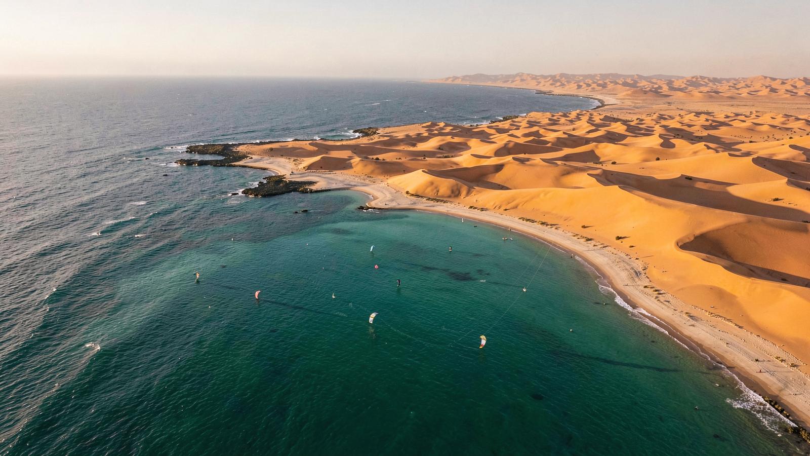 Vue aérienne de la lagune de Dakhla, entre dunes du Sahara et océan Atlantique, avec des kitesurfeurs sur l'eau